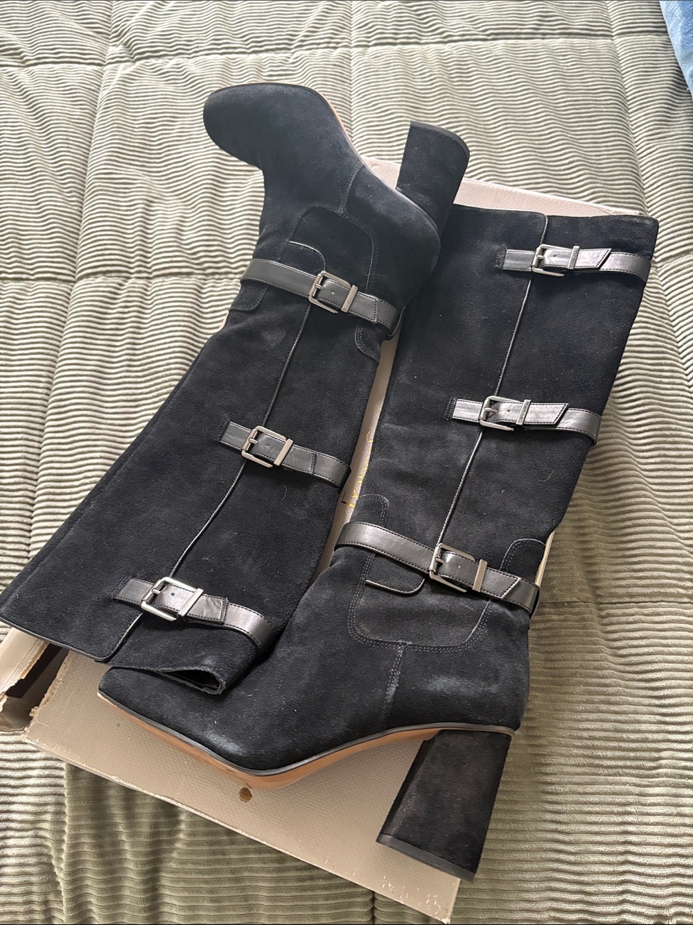 Franco Sarto Black Suede Knee-High Buckle Boots